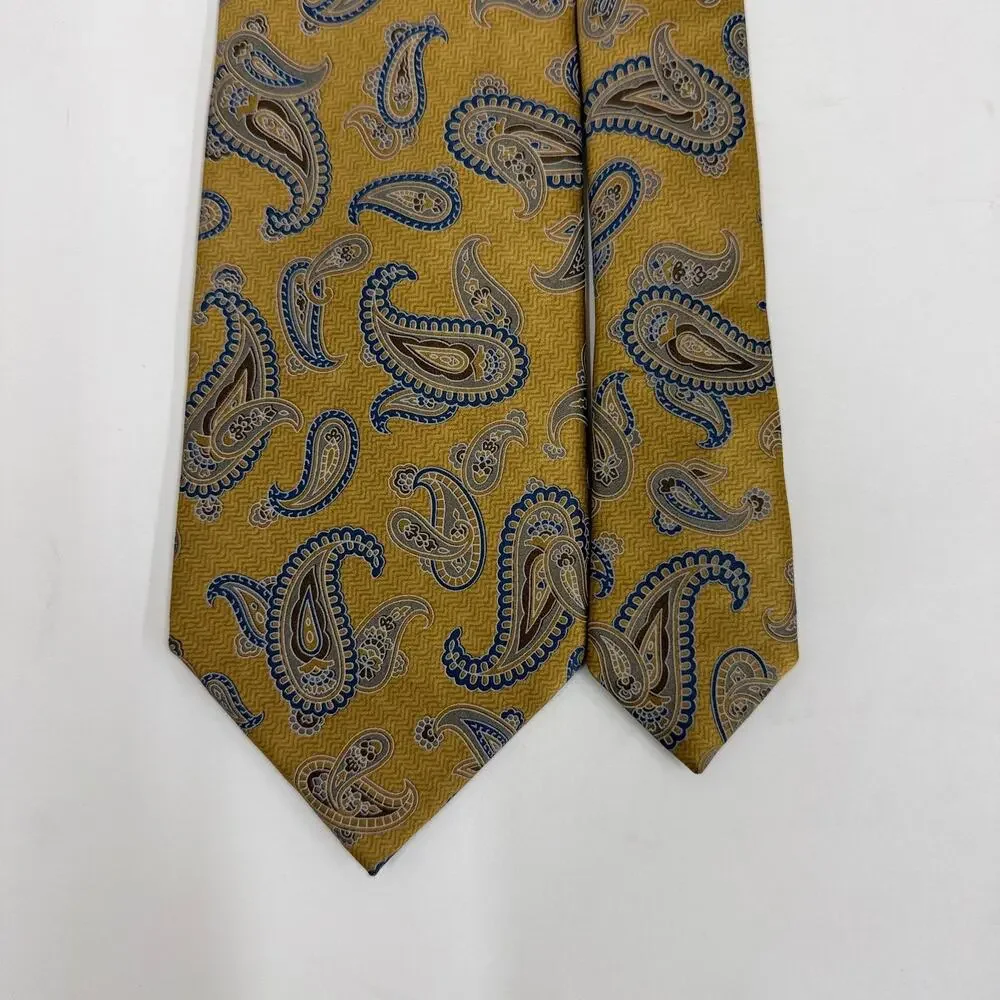 Canali Gold Tan Blue Paisley 100% Silk Tie Made in Italy Men's Designer Classic
